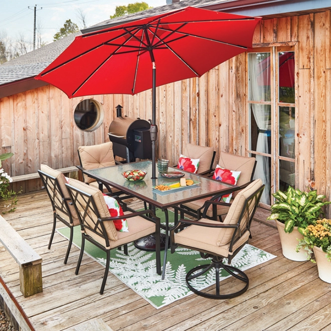 Style Selections Vinehaven Market Umbrella with LED Lighting - Aluminum and Olefin - Tiltable - Red 4 Style Selections Vinehaven Market Umbrella with LED Lighting - Aluminum and Olefin - Tiltable - Red - Image 2